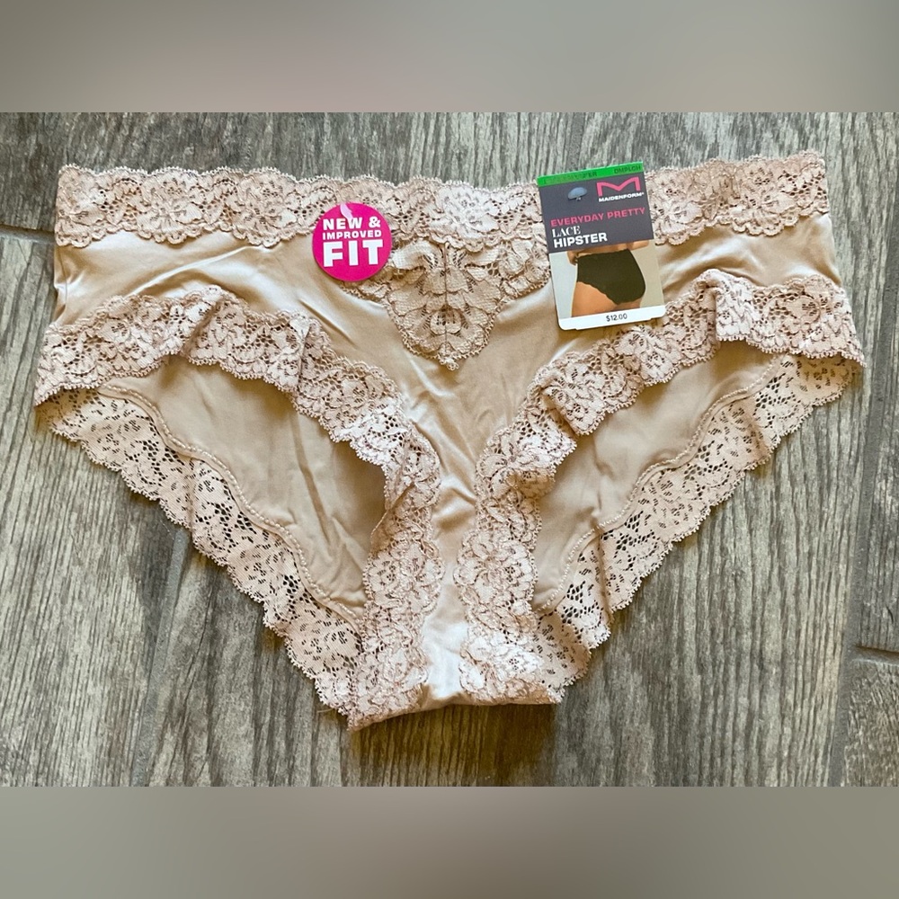 New Maidenform Luxurious Lace Hipster Panties Size L Beige Gold